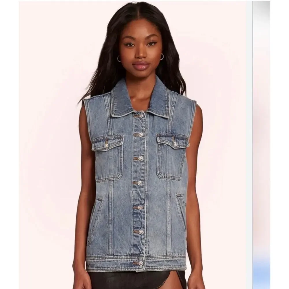 NWT Amanda Uprichard Greyson rhinestone denim jean vest sz S - Picture 2 of 6
